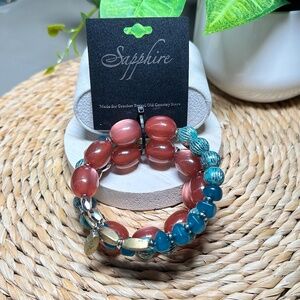 Beautiful Mauve, Teal, Brass Beaded Memory Wire Coil Bracelet.